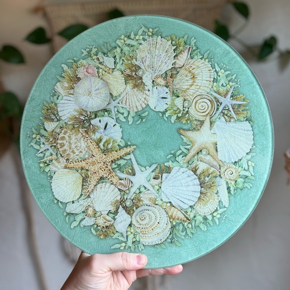 Coastal Glass Lazy Susan Seashell Rotating Serving Tray Beach House Ocean Decor - Picture 4 of 5